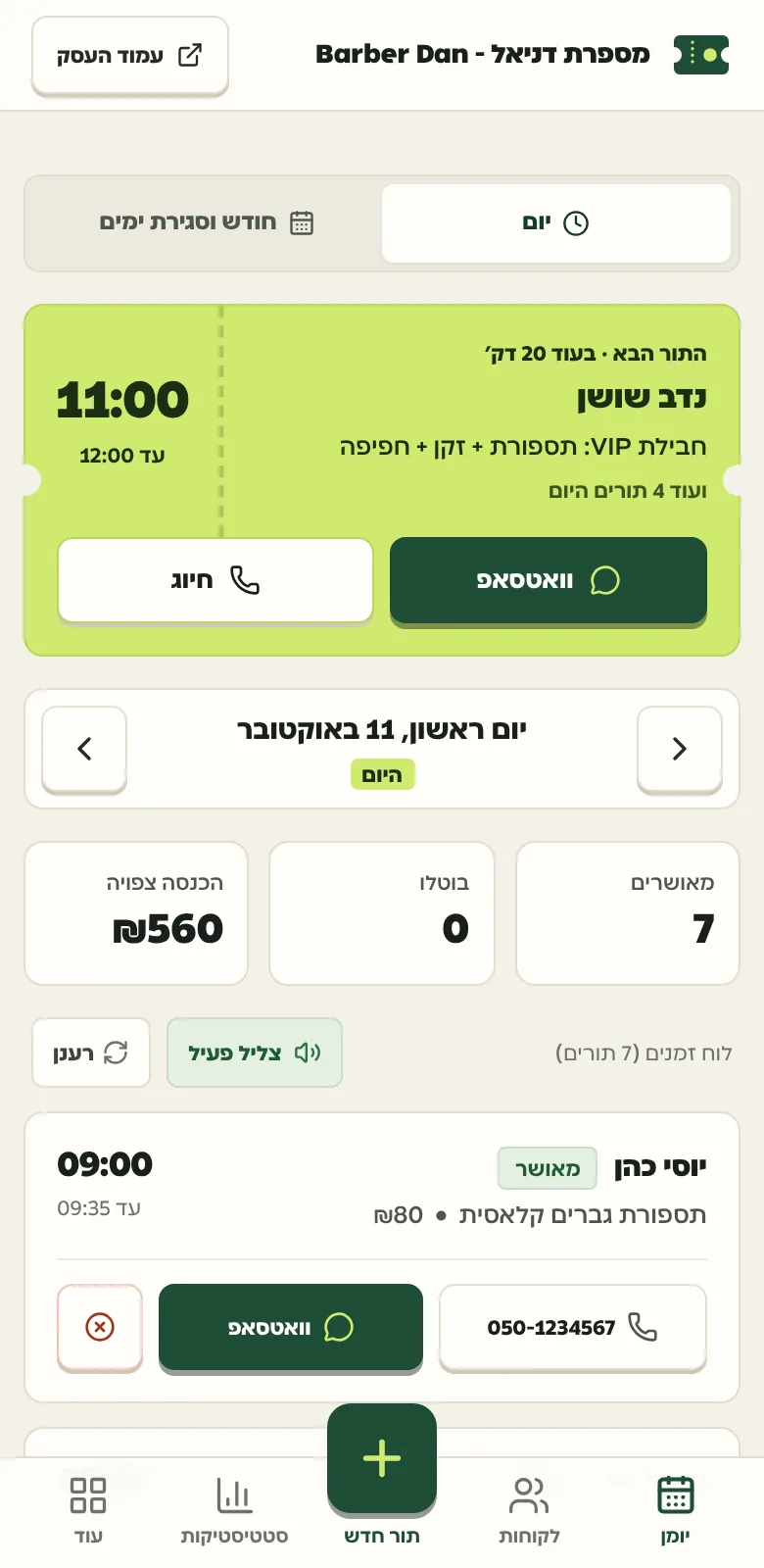 היומן של בעל העסק: התור הבא, מספר התורים והכנסה צפויה להיום